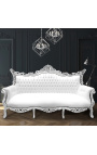 Barock rokoko 3-sits soffa vit konstläder och silverträ
