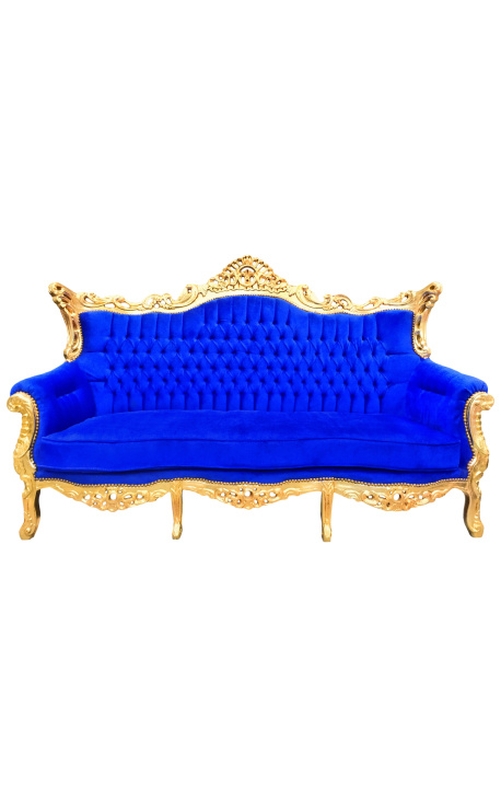 Barocker Rokoko-3-Sitzer aus blauem Samt und goldenem Holz