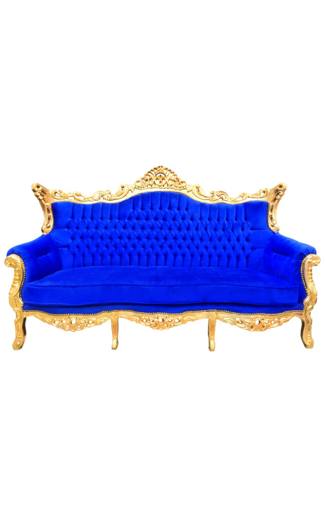 Barok Rococo 3 zits blauw fluweel en goud hout