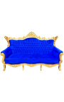 Sofá barroco rococó de 3 lugares veludo azul e madeira dourada