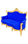 Barokowy Rococo 3-osobowy niebieski aksamit i złote drewno