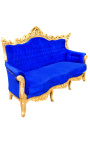Sofà barroc rococó de 3 places de vellut blau i fusta daurada