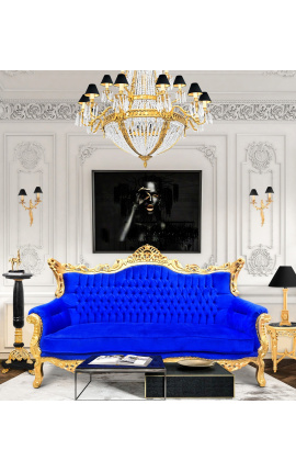 Canapé baroque rococo 3 places velours bleu et bois doré