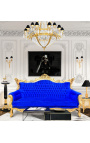 Sofá barroco rococó de 3 lugares veludo azul e madeira dourada
