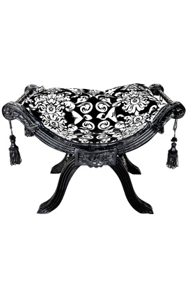 Dagobert bench with white floral pattern fabric and black wood