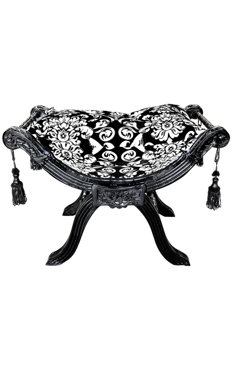 Banquette "Dagobert" tissu motifs floraux blanc et bois noir