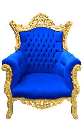 Grande poltrona barroca rococó veludo azul e madeira dourada