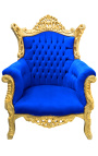 Grand fauteuil Baroque rococo velours bleu et bois doré