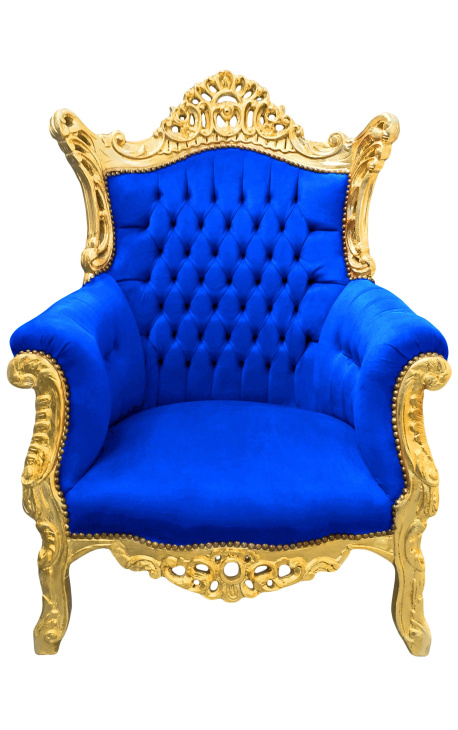 Grand Rococo Barok fauteuil blauw fluweel en verguld hout