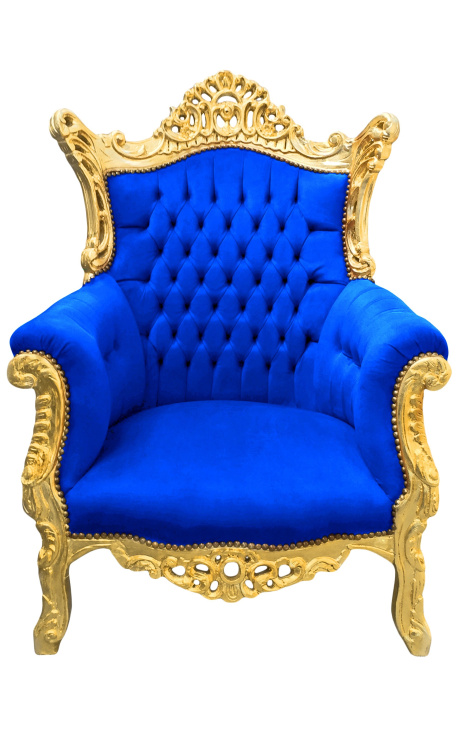 Grande poltrona barroca rococó veludo azul e madeira dourada