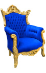 Fotoliu Grand Rococo Baroc din catifea albastra si lemn aurit