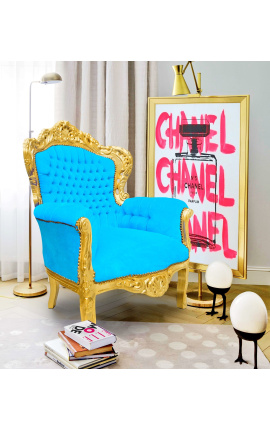 Didelis barokinio stiliaus fotelis, turkio spalvos aksomas ir aukso mediena