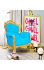 Grand fauteuil de style baroque tissu velours bleu turquoise et bois doré