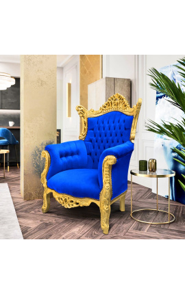 Fotel Grand Rococo Barokowy niebieski aksamit i pozłacane drewno