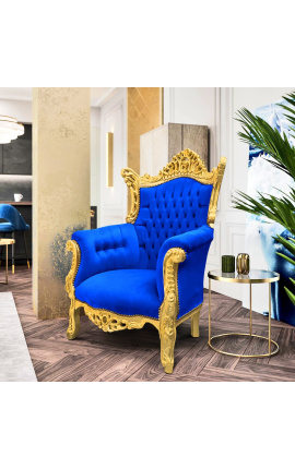 Grand Rococo Baroque armchair blue velvet and gilded wood