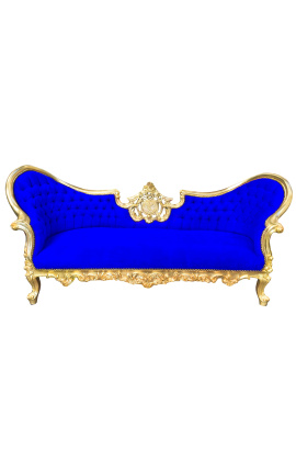 Barokke Napoleon III medaillonbank in blauwe fluwelen stof en goudkleurig hout