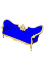 Barokke Napoleon III medaillonbank in blauwe fluwelen stof en goudkleurig hout