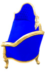 Бароков диван медальон Наполеон III синьо кадифе плат и златно дърво