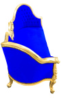 Sofá barroco Napoléon Medalhão de tecido de veludo azul III e madeira dourada