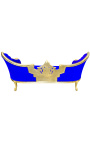 Baročni kavč z medaljonom Napoleon III iz modrega žametnega blaga in zlatega lesa