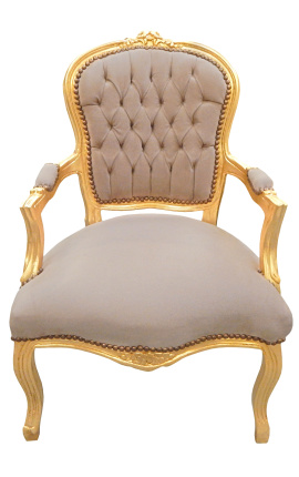 Barokke fauteuil van taupe fluweel en goudhout in Lodewijk XV-stijl