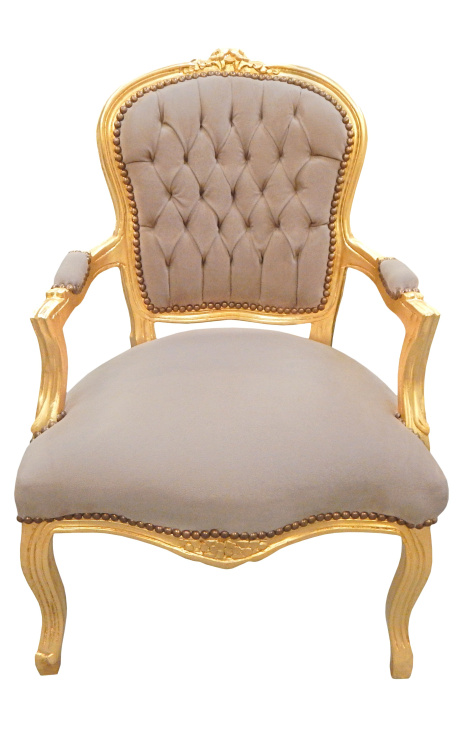 Fauteuil baroque de style Louis XV taupe et bois doré