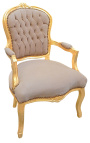 Fauteuil baroque de style Louis XV taupe et bois doré