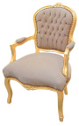 Fauteuil baroque de style Louis XV taupe et bois doré