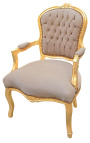 Baroque armchair of Louis XV style brown false skin leather and gold wood