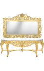 Zeer grote console met spiegel in barok verguld hout en wit marmer