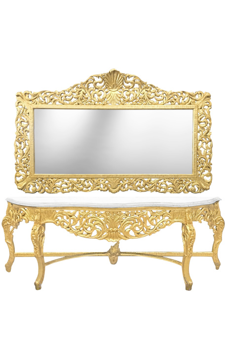 Enorme console avec miroir de style baroque en bois doré et marbre blanc