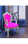 Fauteuil de style Baroque Rococo tissu velours rose fuchsia et bois argenté