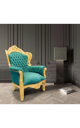 Big baroque style armchair fabric green velvet and gold wood