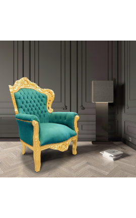 Didelis baroko stiliaus fotelio audinys žalias aksomas ir aukso mediena