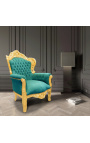 Grand fauteuil de style baroque tissu velours vert et bois doré