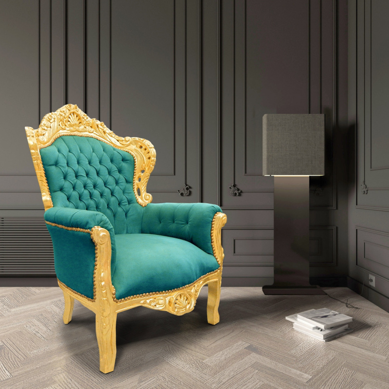 Ga naar beneden Zonder ondanks Grote fauteuil in barokstijl groen fluwelen stof en goudkleurig hout