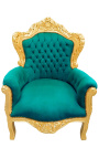 Grand fauteuil de style baroque tissu velours vert et bois doré