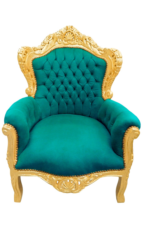 Big baroque style armchair fabric green velvet and gold wood