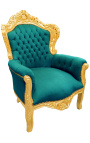 Duży fotel w stylu barokowym z zielonego aksamitu i złotego drewna