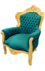 Голям бароков фотьойл от плат зелено кадифе и златно дърво