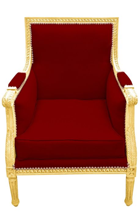 Large Bergère armchair Louis XVI style burgundy velvet and gilded wood