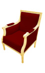 Large Bergère armchair Louis XVI style burgundy velvet and gilded wood