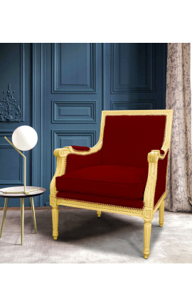 Silla grande Bergère Louis XVI estilo burdeos terciopelo y madera dorada