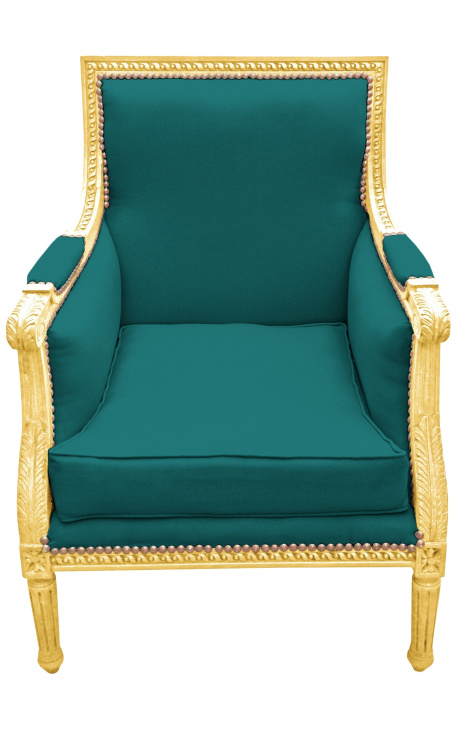 Liels Bergère krēsls Ludvika XVI stila zaļais velmēts un zelta koka