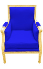 Grande bergère louis XVI in stile velluto blu e legno dorato