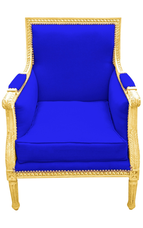 Silla grande Bergère Louis XVI estilo terciopelo azul y madera dorada