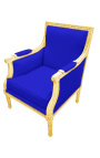 Grande bergère louis XVI in stile velluto blu e legno dorato