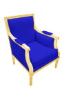 Large Bergère armchair Louis XVI style blue velvet and gilded wood