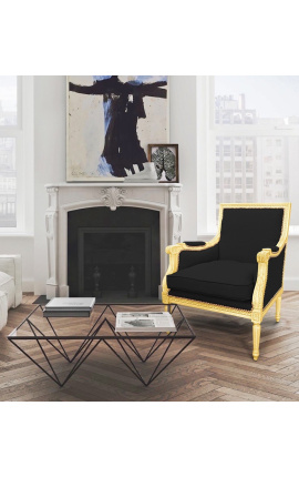 Silla grande Bergère Louis XVI estilo terciopelo negro y madera dorada
