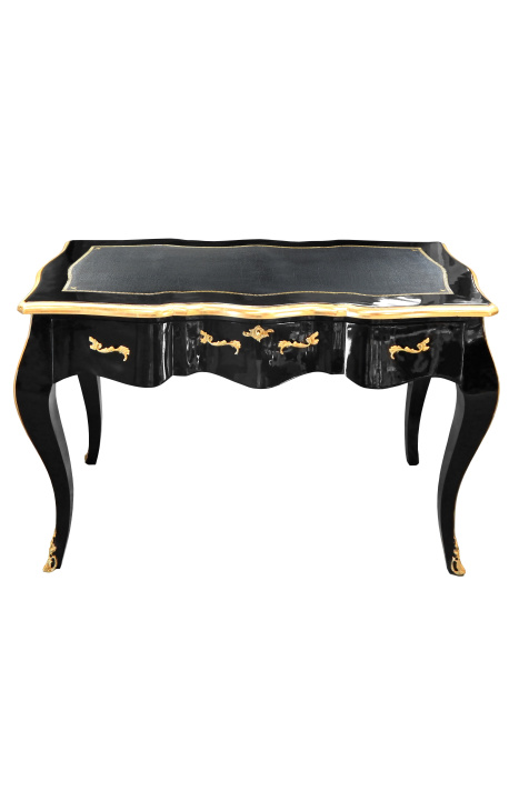 Bureau baroque de style Louis XV noir, sous-main noir